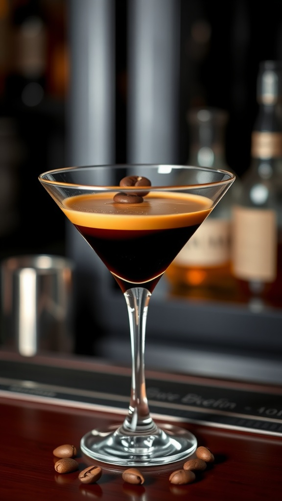 Bourbon espresso martini in a sleek glass with coffee beans, set on a stylish bar.